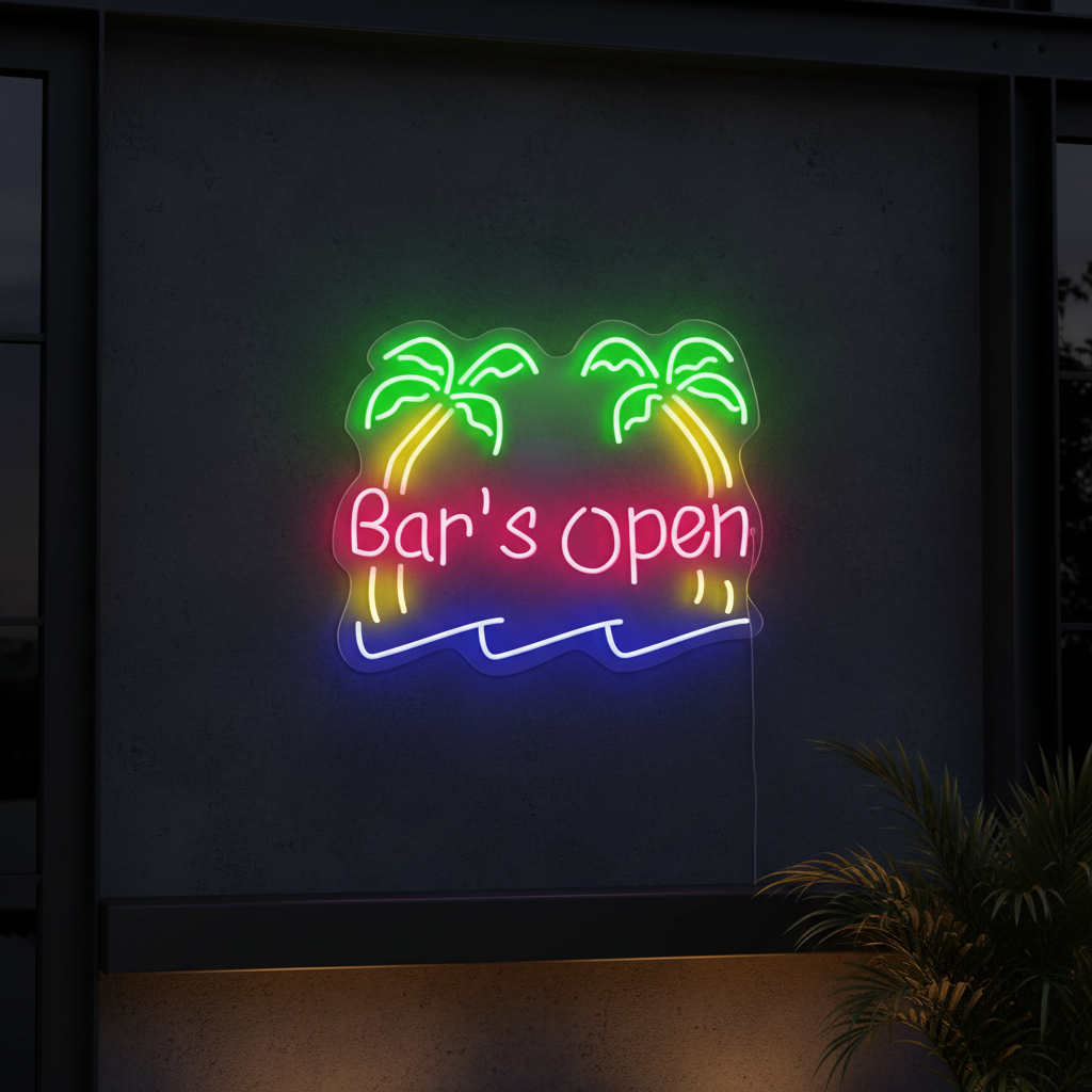 Palm Tree Bar Open Neon Sign