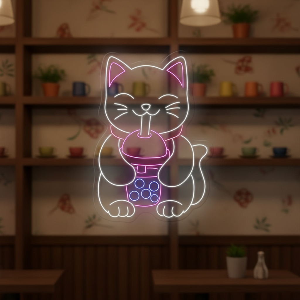 Cat Drinking Boba Tea Neon Sign Shop Decor Neon Sign