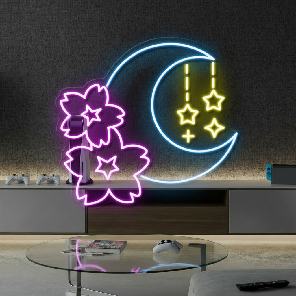 Sakura and Moon Neon Sign for Gaming Room Decor