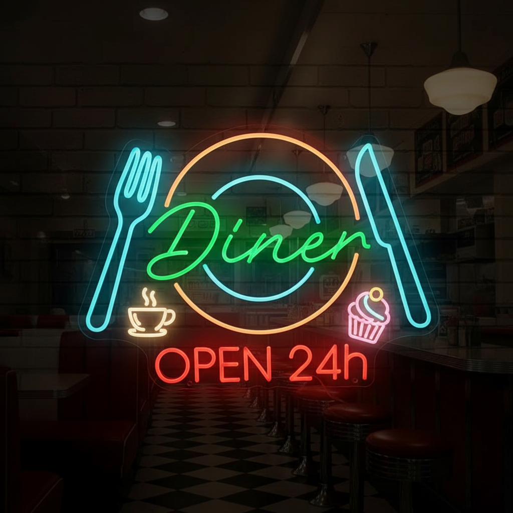 Restaurant Neon Sign Dinner 24h Open Neon Sign
