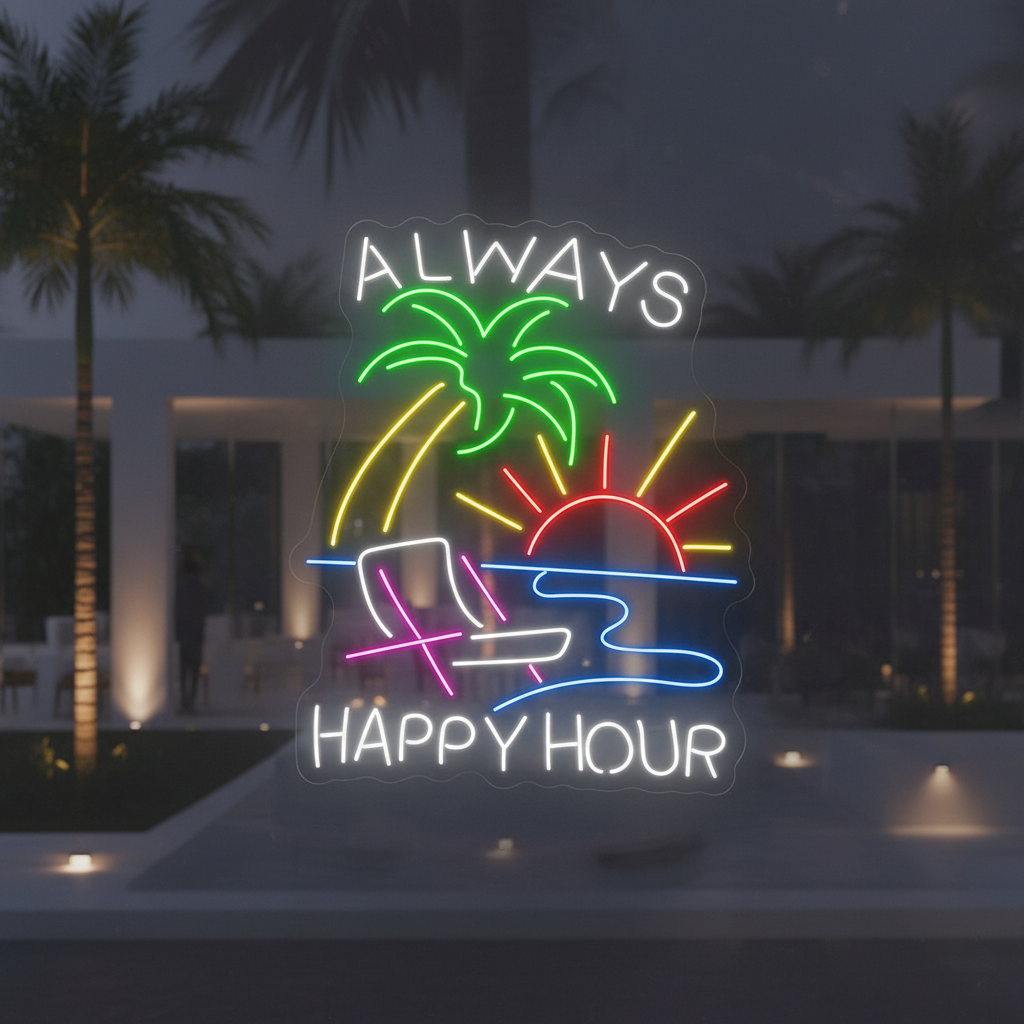 Always Happy Hour Neon Sign Beach Sun Palm Tree Led Sign