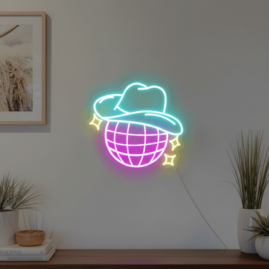 Disco Ball Neon Sign Cowgirl Hat Sign for Room Decor