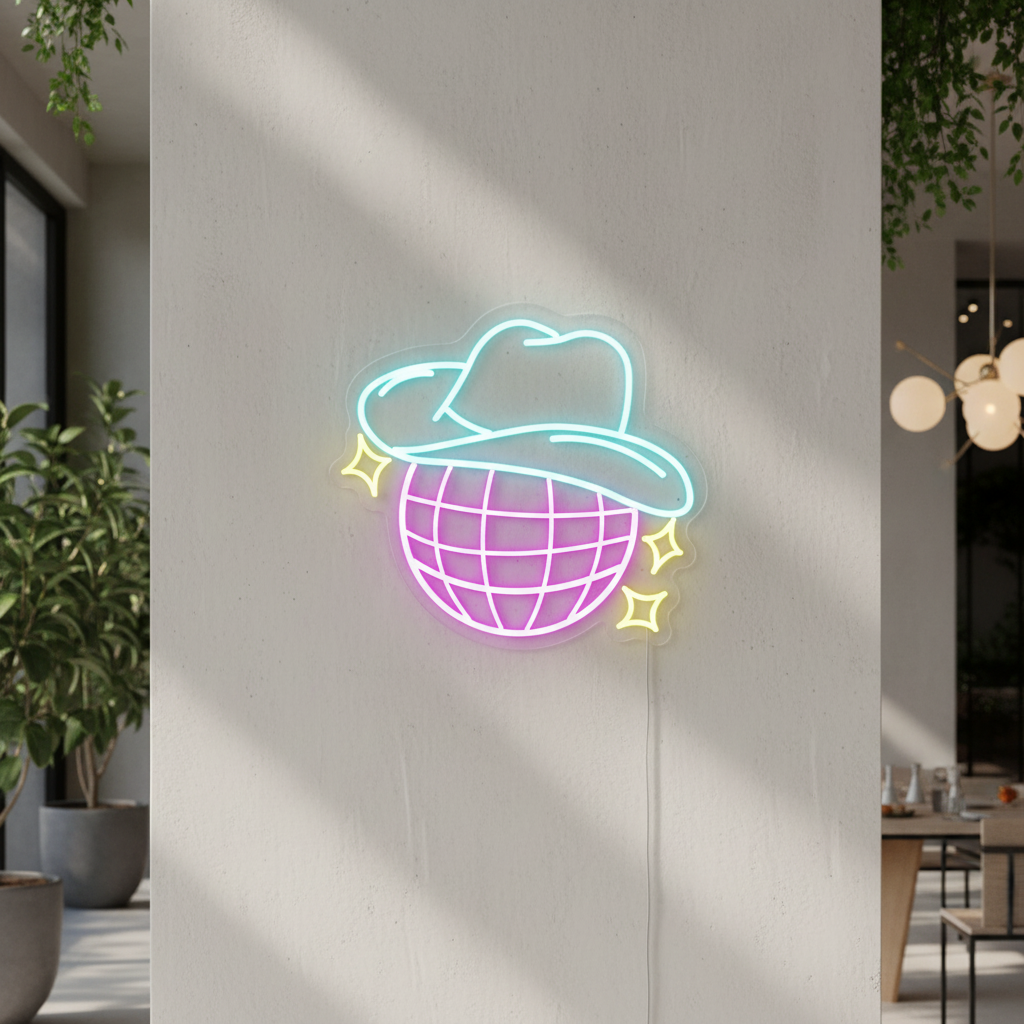 Disco Ball Neon Sign Cowgirl Hat Sign for Room Decor