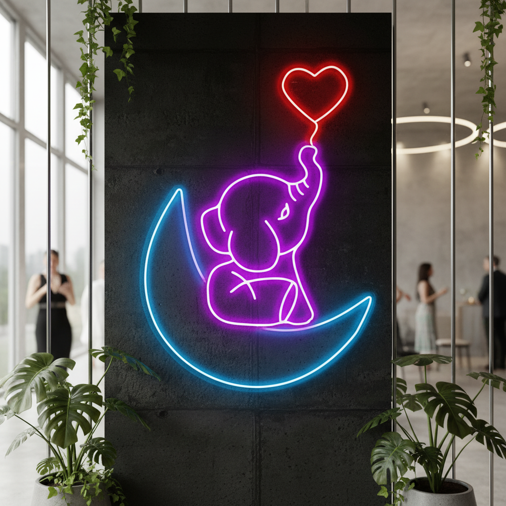 Elephant in the Moon Neon Sign Kids Room Decor