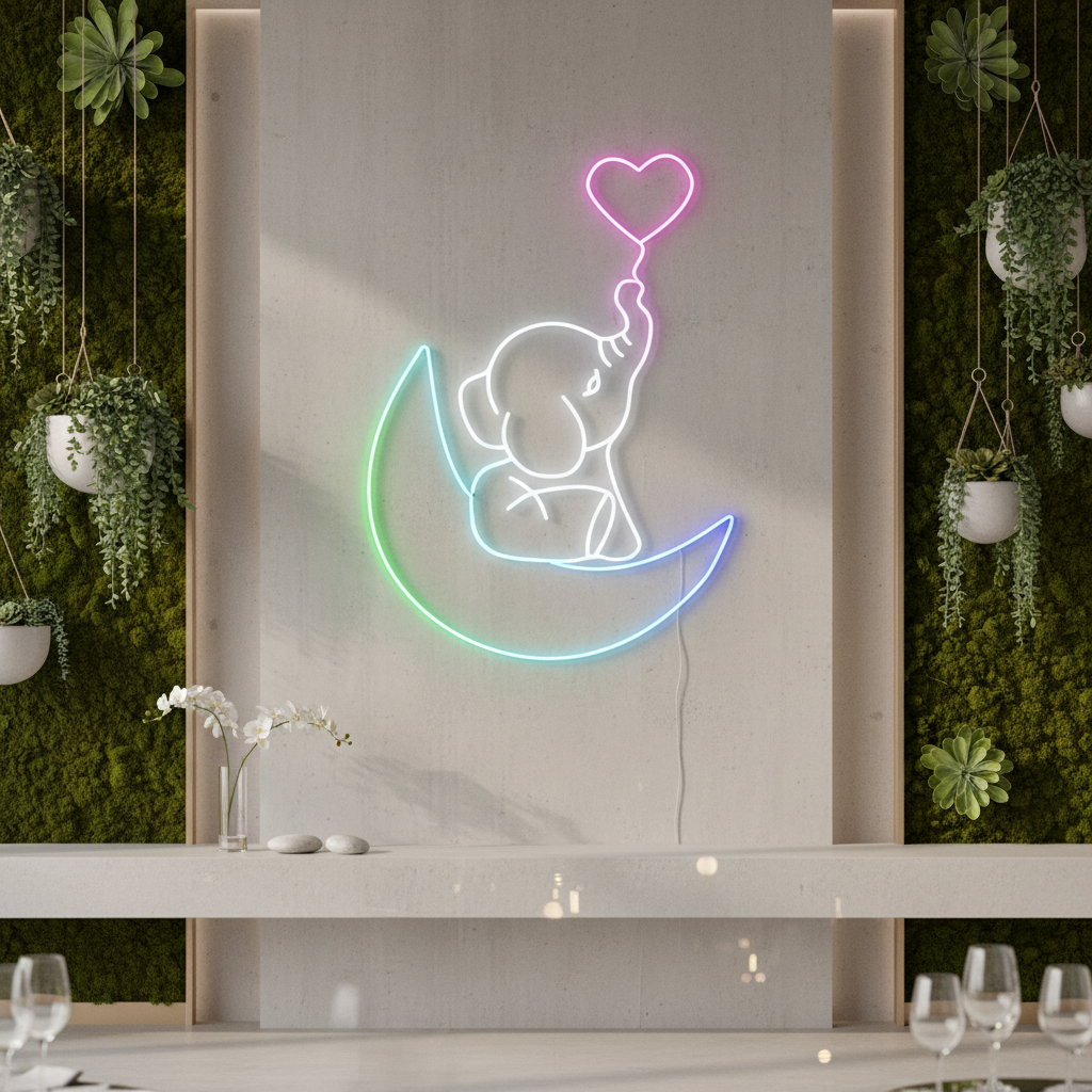 Elephant in the Moon Neon Sign Kids Room Decor