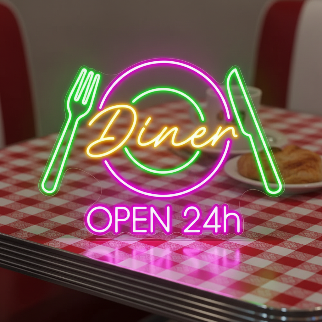Restaurant Neon Sign Dinner 24h Open Neon Sign