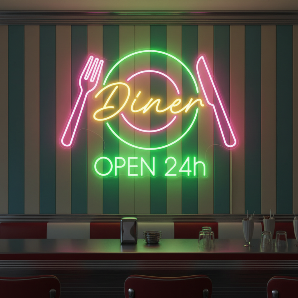 Restaurant Neon Sign Dinner 24h Open Neon Sign