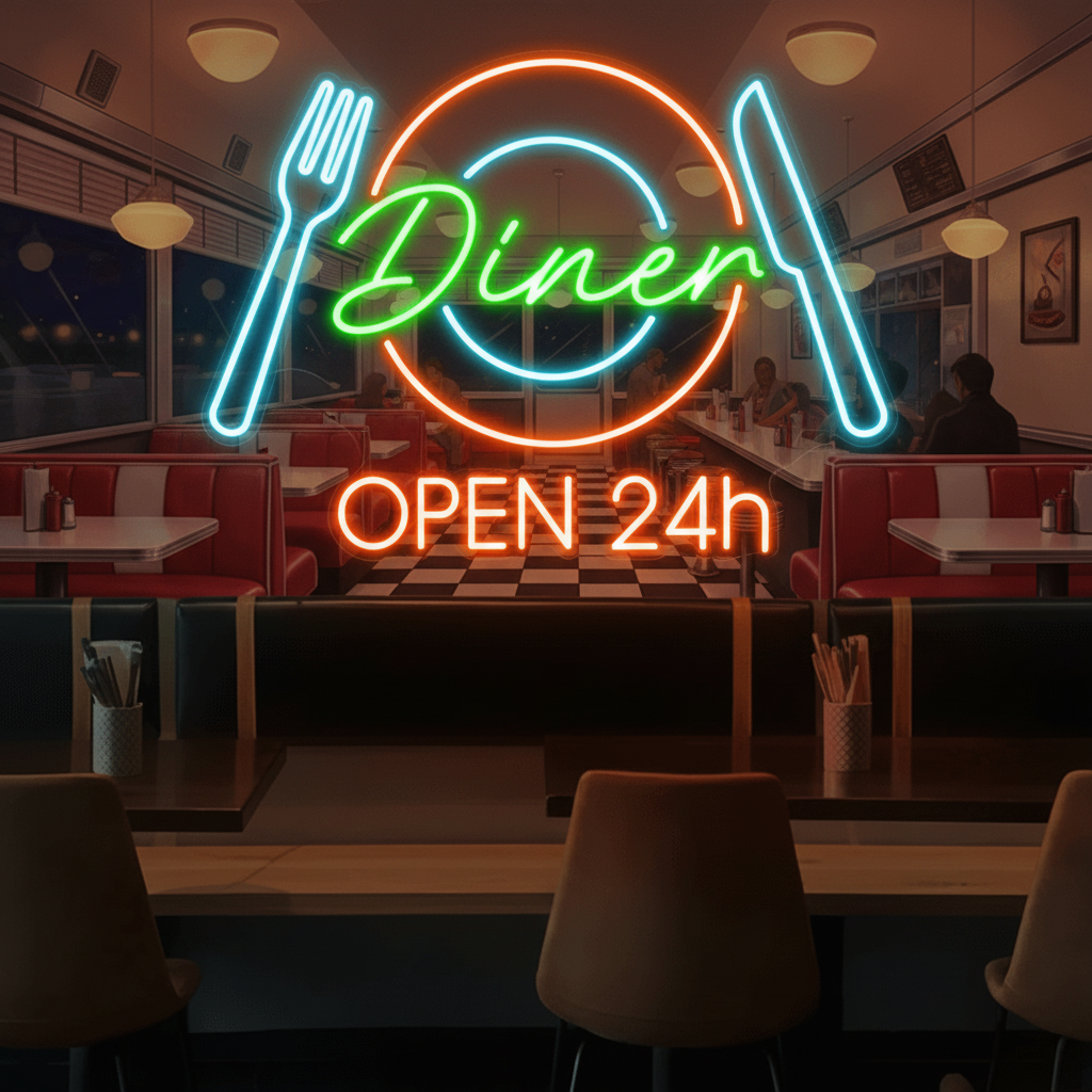 Restaurant Neon Sign Dinner 24h Open Neon Sign